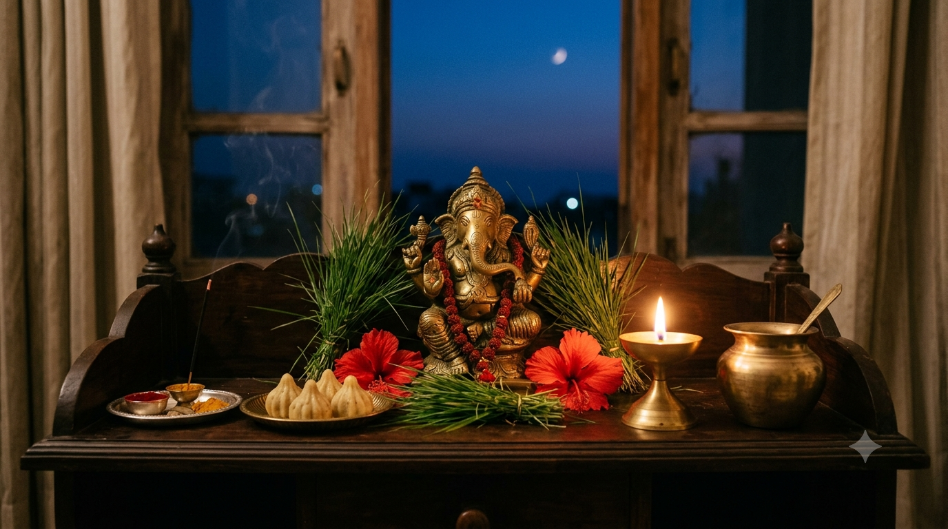 Significance Of Sankastahara Chaturthi home puja with Ganesha idol, lamp and moon arghya