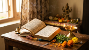 Significance of Vishnu Sahasranamam: open Telugu prayer book with brass oil lamp and tulsi in a home puja