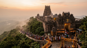 Simhachalam Chandanotsavam crowd at the hilltop Varaha Narasimha temple at dawn