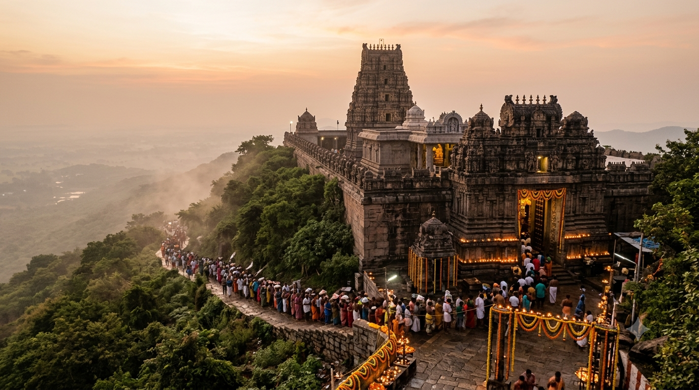 Simhachalam Chandanotsavam crowd at the hilltop Varaha Narasimha temple at dawn