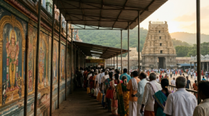 Pilgrims queuing for a Simhachalam darshanam ticket at the temple counter near Visakhapatnam