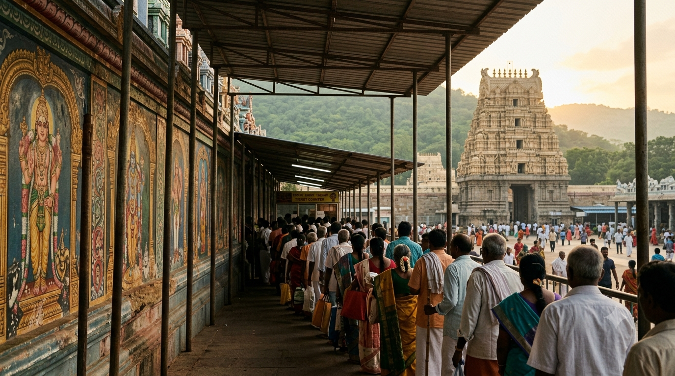 Pilgrims queuing for a Simhachalam darshanam ticket at the temple counter near Visakhapatnam