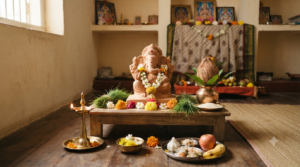 Simple Vinayaka Chaturthi Pooja home altar with clay Ganesha, lamp, flowers and naivedyam