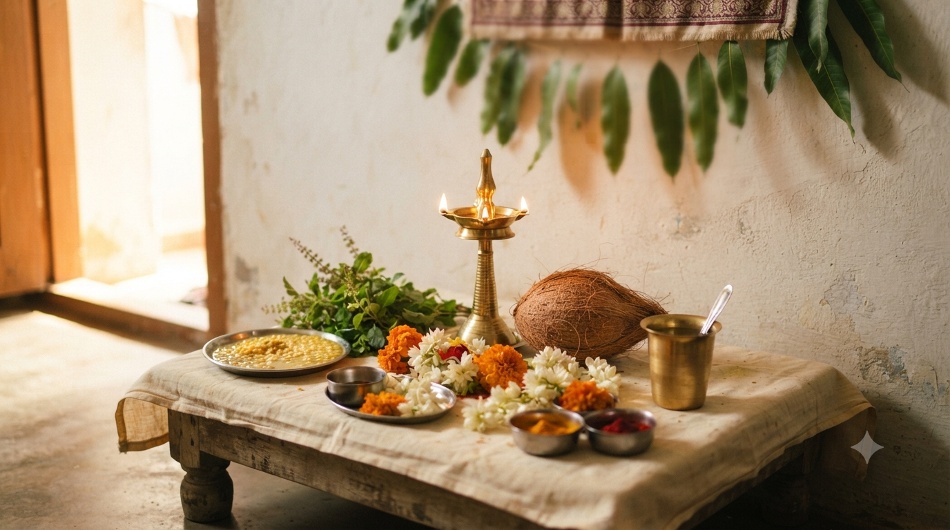 Sri Ramanavami pooja procedure at a home altar with panakam, vadapappu, tulasi and a lit brass lamp