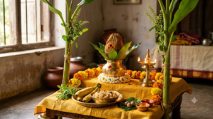 Sri Satyanarayana Vratam dates 2026 home pooja setup with banana leaves and brass lamp