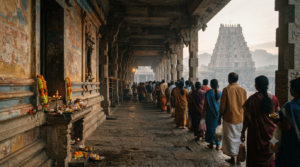 Srikalahasti temple darshan timings guide - pilgrims in the early morning darshan queue at the east gopuram