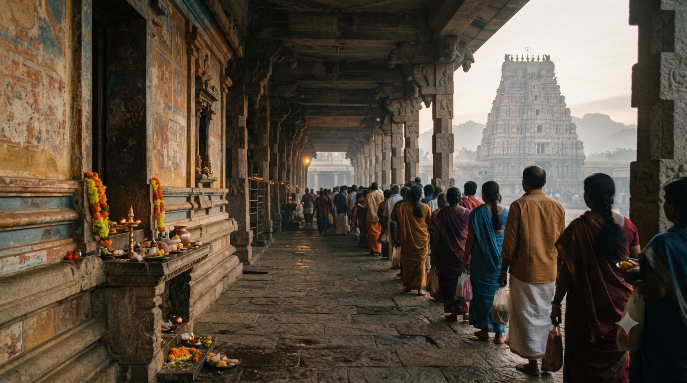 Srikalahasti temple darshan timings guide - pilgrims in the early morning darshan queue at the east gopuram