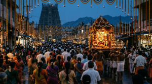 Srisailam Maha Shivaratri Brahmotsavam procession with devotees and lamps along a decorated temple street