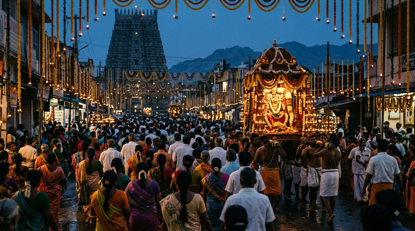 Srisailam Maha Shivaratri Brahmotsavam procession with devotees and lamps along a decorated temple street