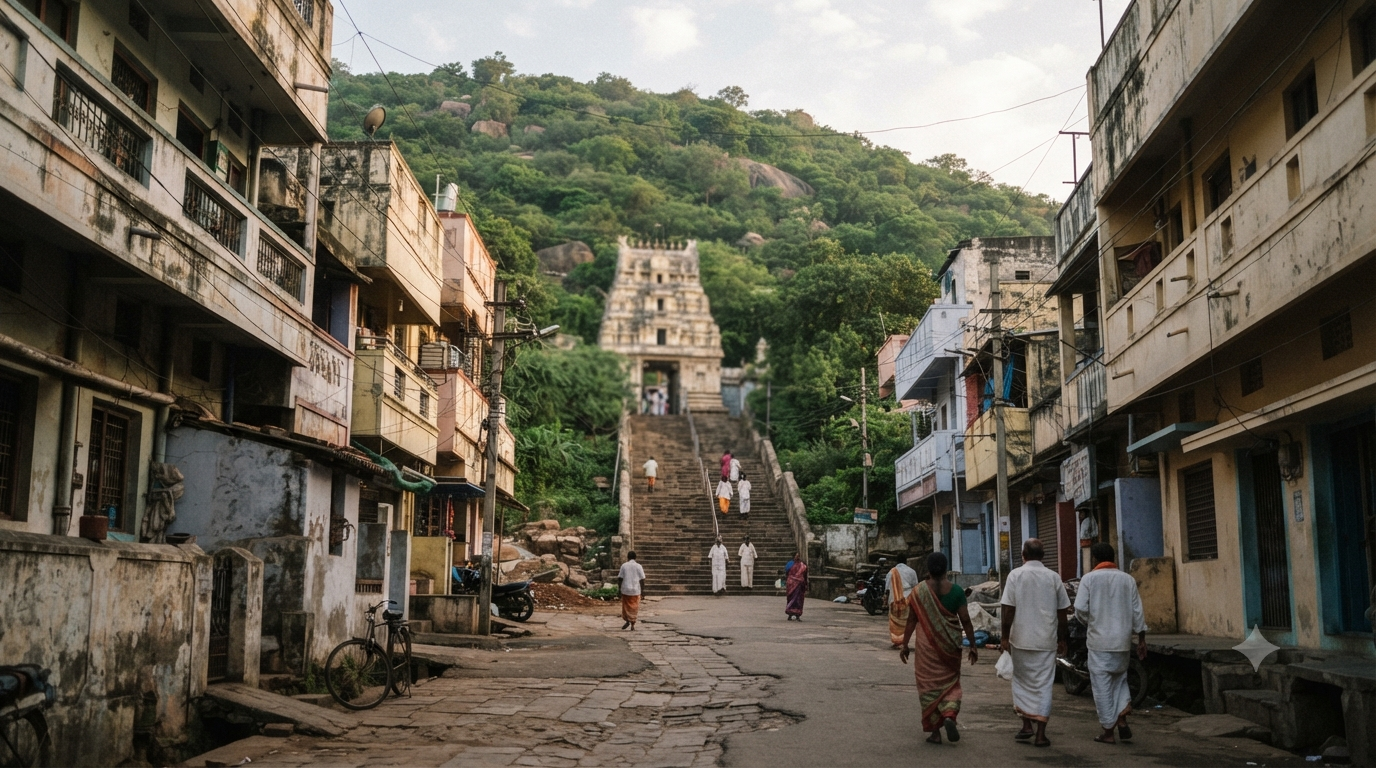 Subramanya Swamy Temple Vijayawada Kothapeta hill approach at dawn