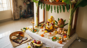 Swarna Gowri Vratha in Kannada home altar with turmeric Gowri idol, kalasha, brass lamps and a morada bagina tray