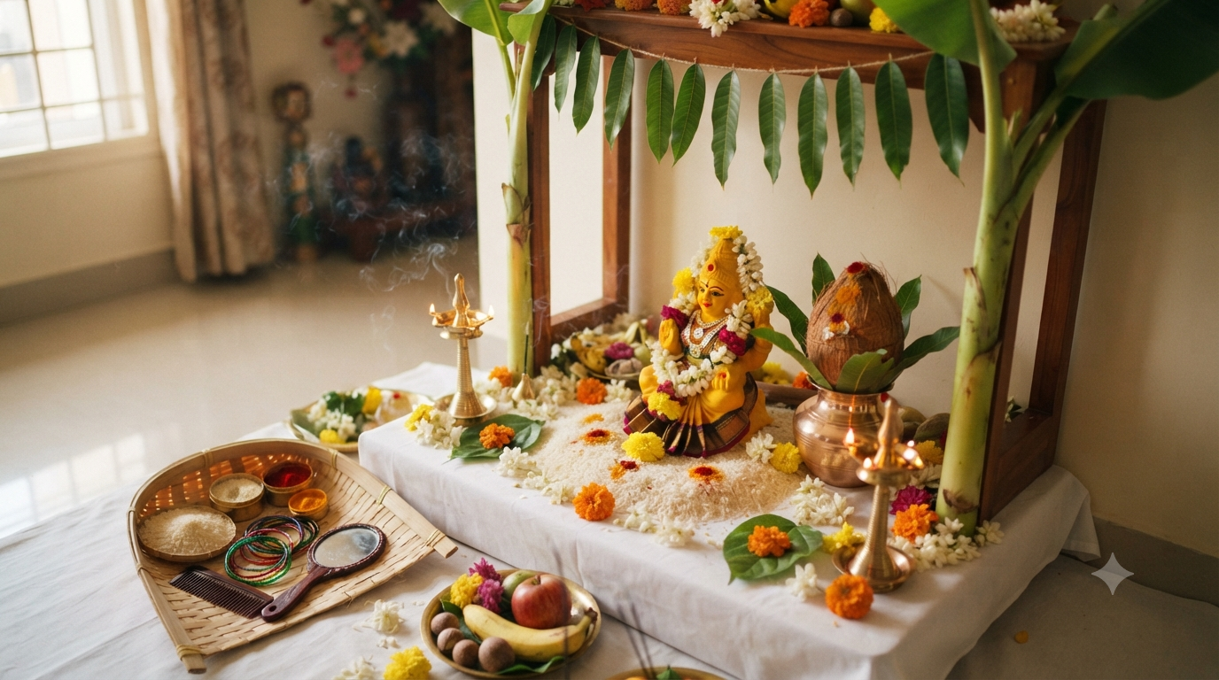 Swarna Gowri Vratha in Kannada home altar with turmeric Gowri idol, kalasha, brass lamps and a morada bagina tray
