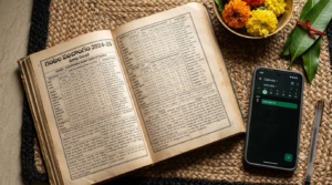 Telugu Panchangam PDF almanac book open beside a smartphone calendar with Ugadi flowers