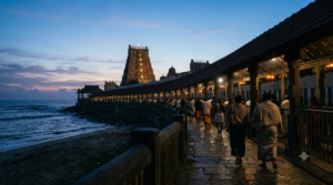 Tiruchendur temple timings guide with early-morning coastal temple entrance
