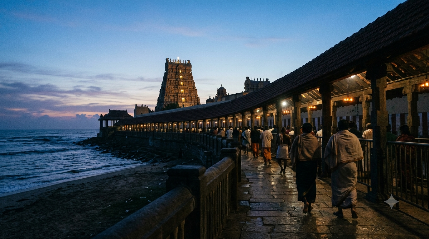 Tiruchendur temple timings guide with early-morning coastal temple entrance