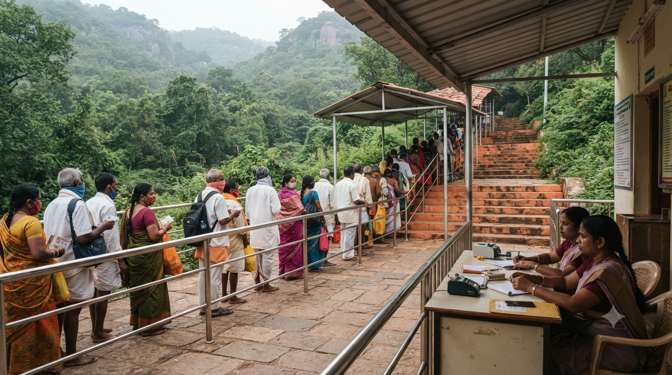 Tirumala footpath darshan tickets at a Divya Darshan token counter before the climb
