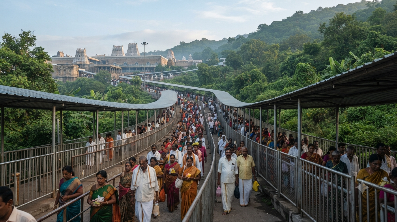 Tirumala Sarva Darshan timings with pilgrims waiting in the free darshan queue