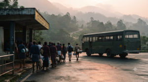 Tirumala to Papavinasanam bus timings guide showing pilgrims boarding a bus at a Tirumala bus point
