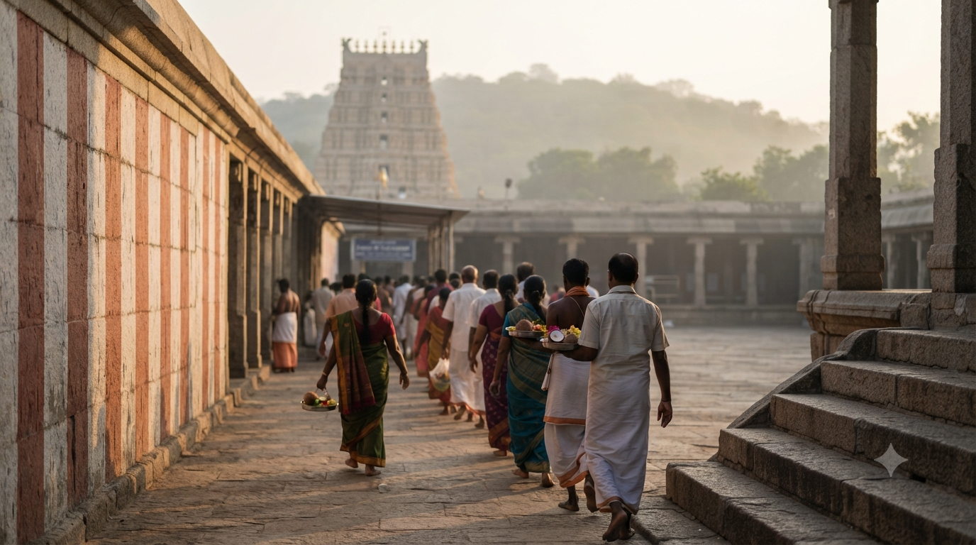 Tiruttani temple pooja list guide showing devotees at the hill temple seva counter