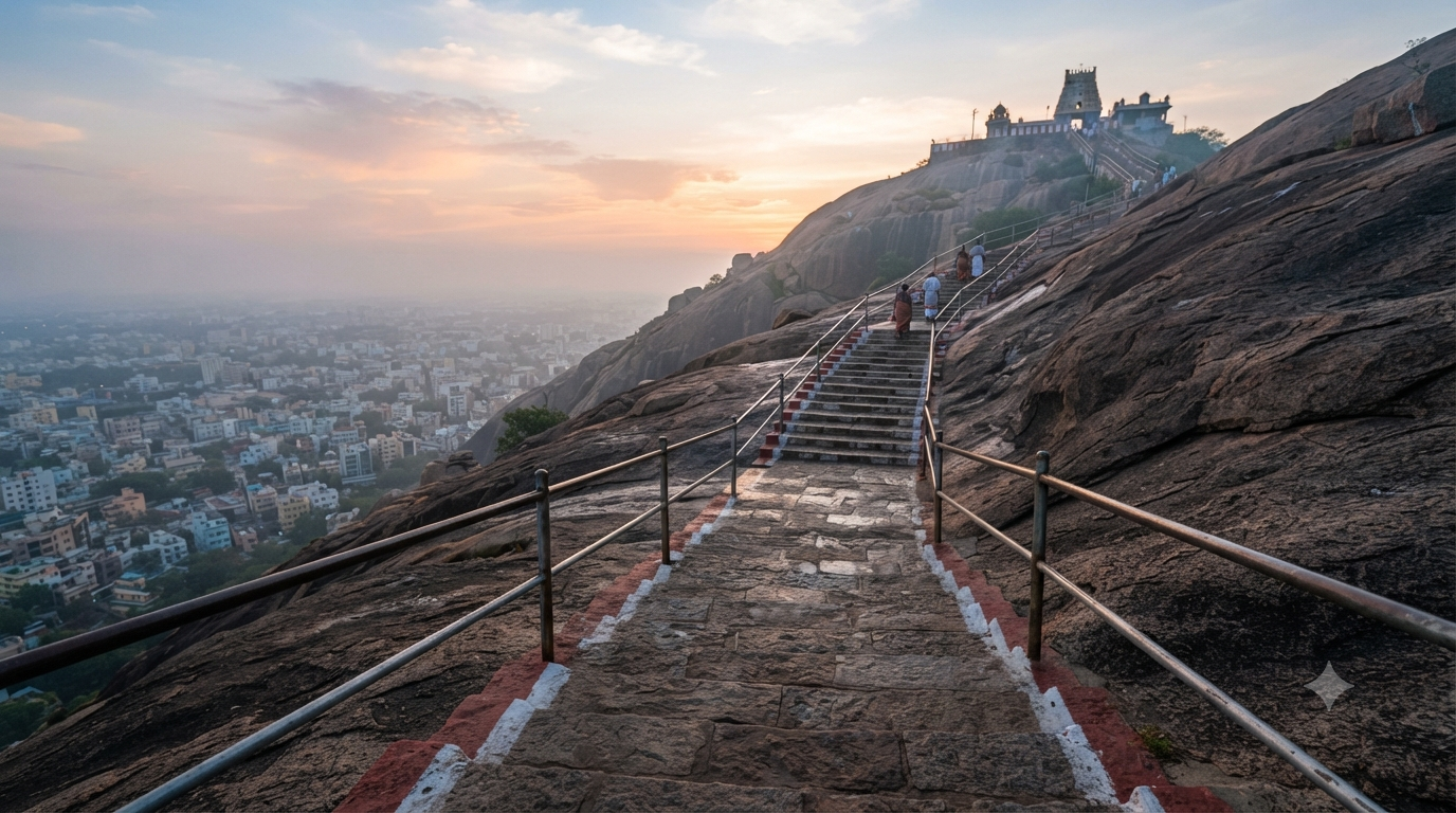 Uchi Pillayar Temple timings guide with Rockfort steps in early morning light