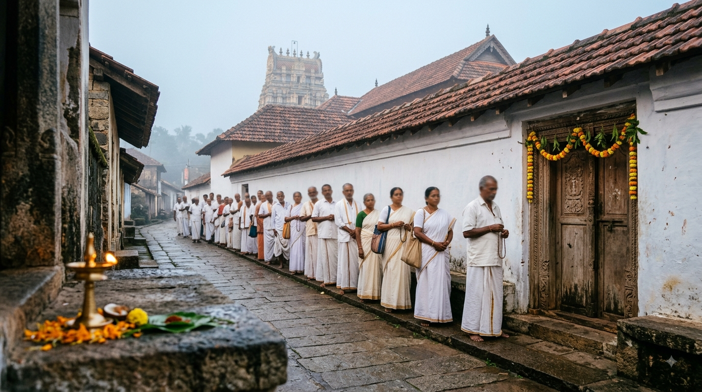 Udupi Krishna Temple guide - pilgrims queuing on Car Street at dawn before darshan