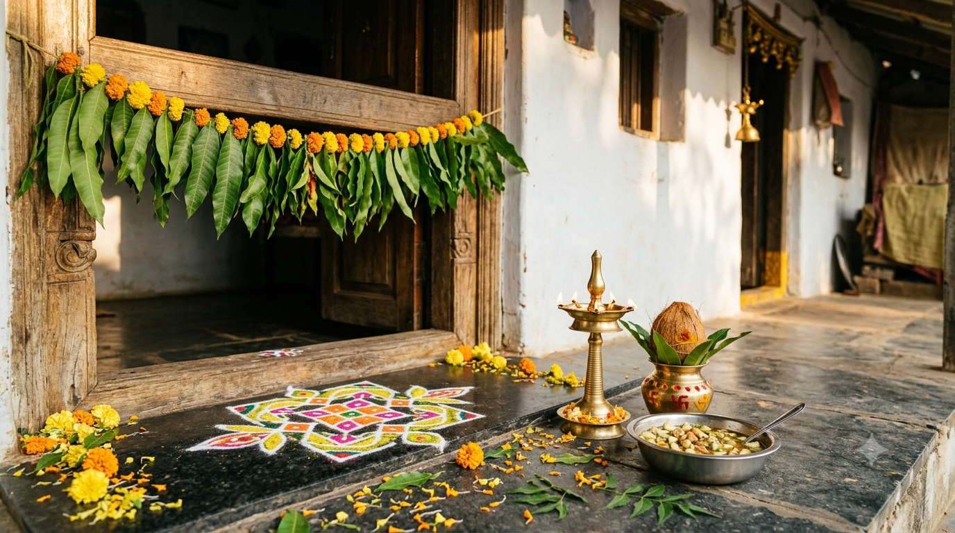 Ugadi celebration procedure setup: mango thoranam, muggu, brass lamp, and a bowl of Ugadi Pachadi at a home doorway