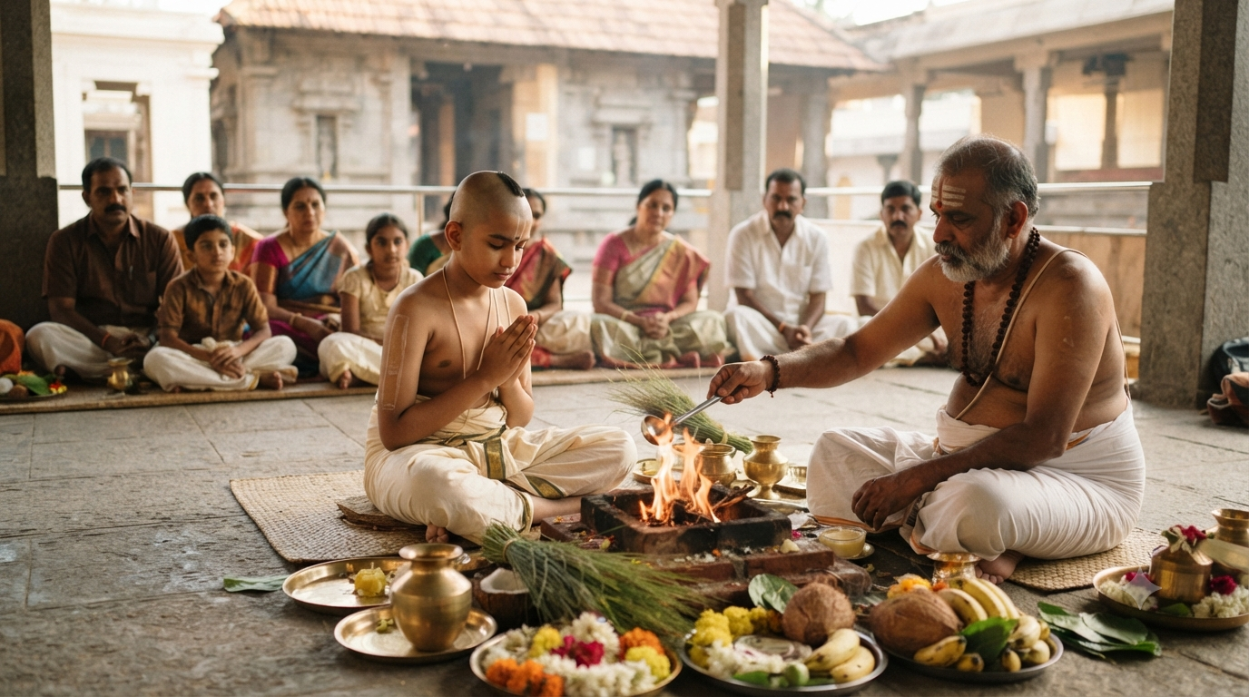 Upanayanam procedure with sacred thread ceremony and homa