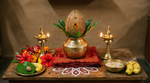 Vaibhava Lakshmi Vratha Vidhanam home pooja setup with kalasam, lamps and red flowers for a Sravana Masam Friday