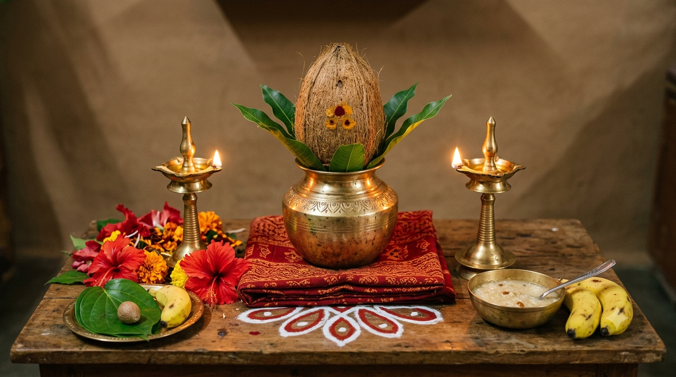 Vaibhava Lakshmi Vratha Vidhanam home pooja setup with kalasam, lamps and red flowers for a Sravana Masam Friday