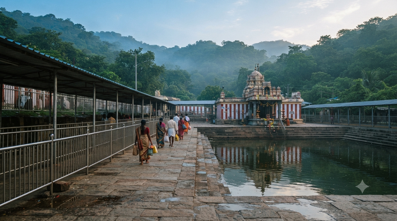 Varaha Swamy Temple timings with early-morning pilgrims beside Swami Pushkarini in Tirumala