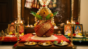 Varalakshmi Vratam at home Kalasham with silk saree, mango leaves and turmeric coconut