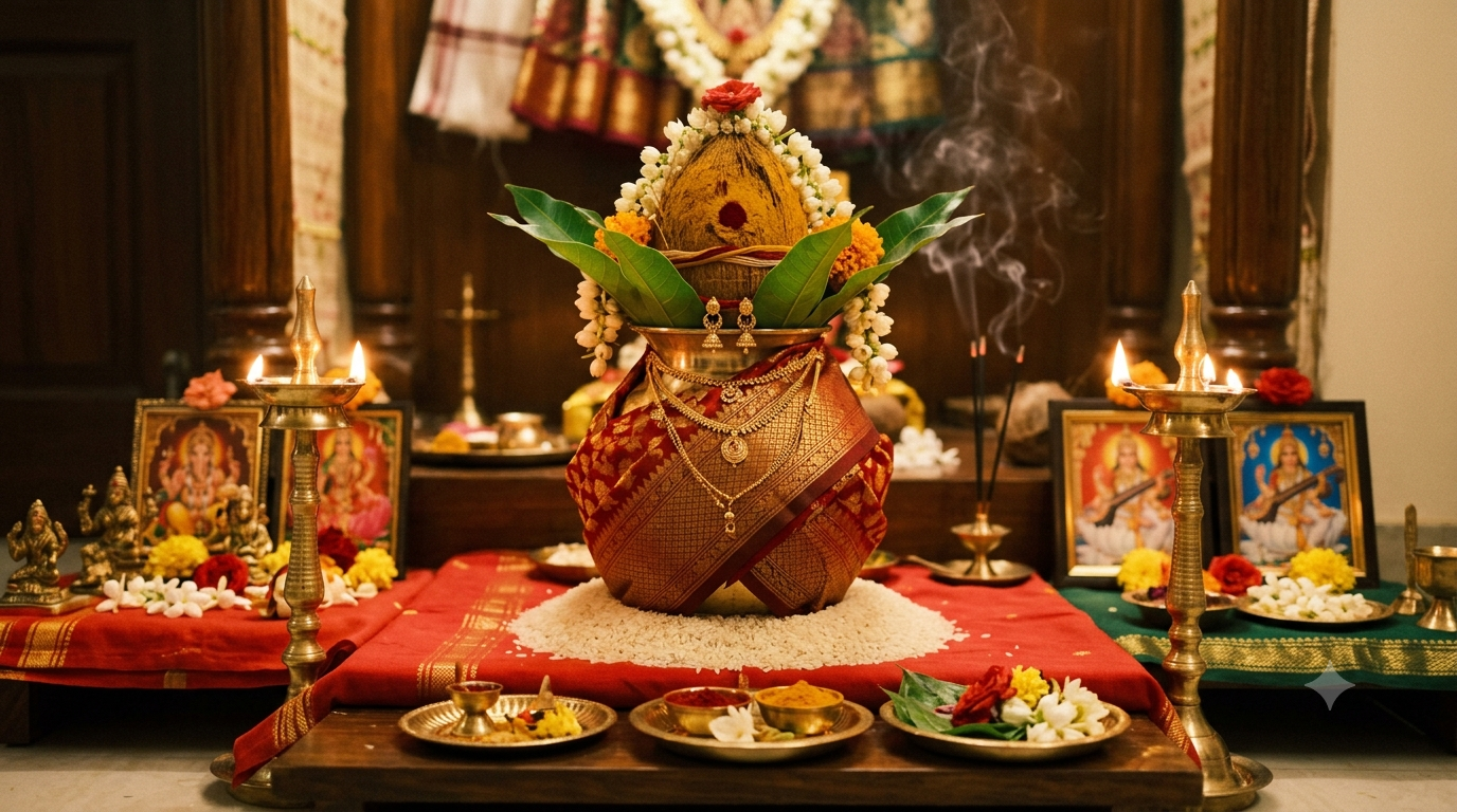 Varalakshmi Vratam at home Kalasham with silk saree, mango leaves and turmeric coconut