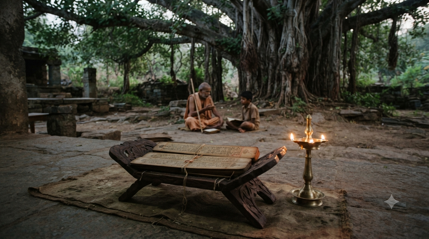 Veda Vyasa Jayanti knowledge tradition with palm-leaf manuscripts, brass lamp and Guru-shishya study scene