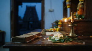 Venkateswara Suprabhatam in Telugu morning prayer setup with lamp and devotional book