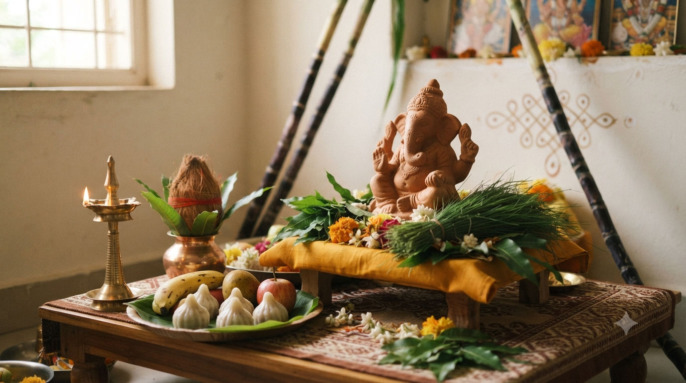 Vinayaka Chavithi Pooja Vidhanam home altar with clay Ganesha idol, patri leaves, ghee lamp and undrallu