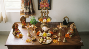 Vishnu Panchayatana Puja home altar with Vishnu centre and four surrounding deity positions