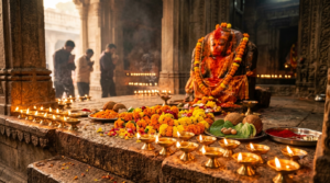 Hanuman Jayanti celebrated with oil lamps, marigold flowers and sindoor at a temple shrine