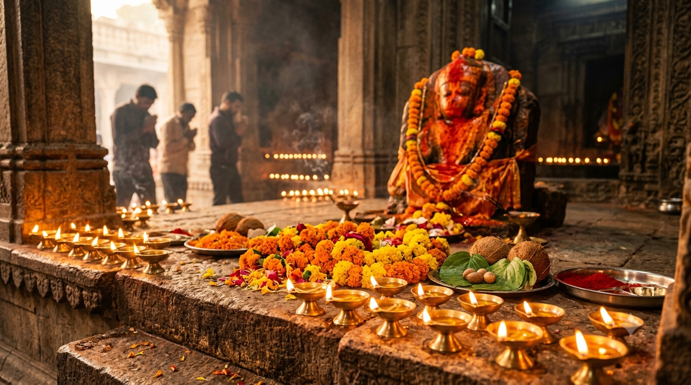 Hanuman Jayanti celebrated with oil lamps, marigold flowers and sindoor at a temple shrine