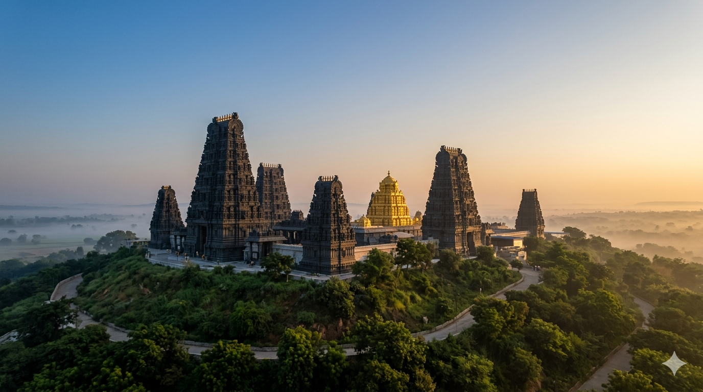 Yadagirigutta darshan timings guide - Yadadri Lakshmi Narasimha Swamy Temple gopuram at dawn