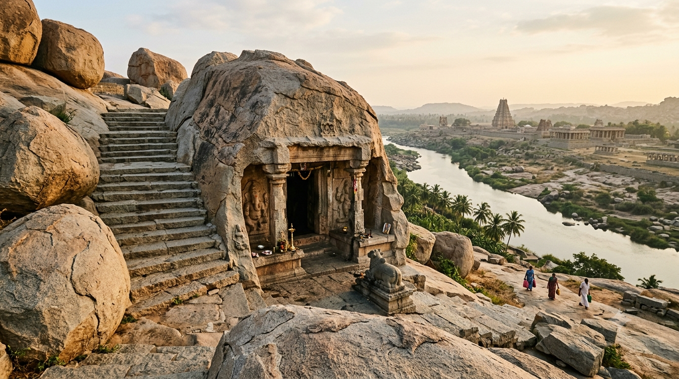 Yantrodharaka Hanuman Temple on a granite hillock beside the Tungabhadra River in Hampi