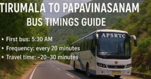 APSRTC bus traveling from Tirumala to Papavinasanam on a scenic forest route with timing details displayed
