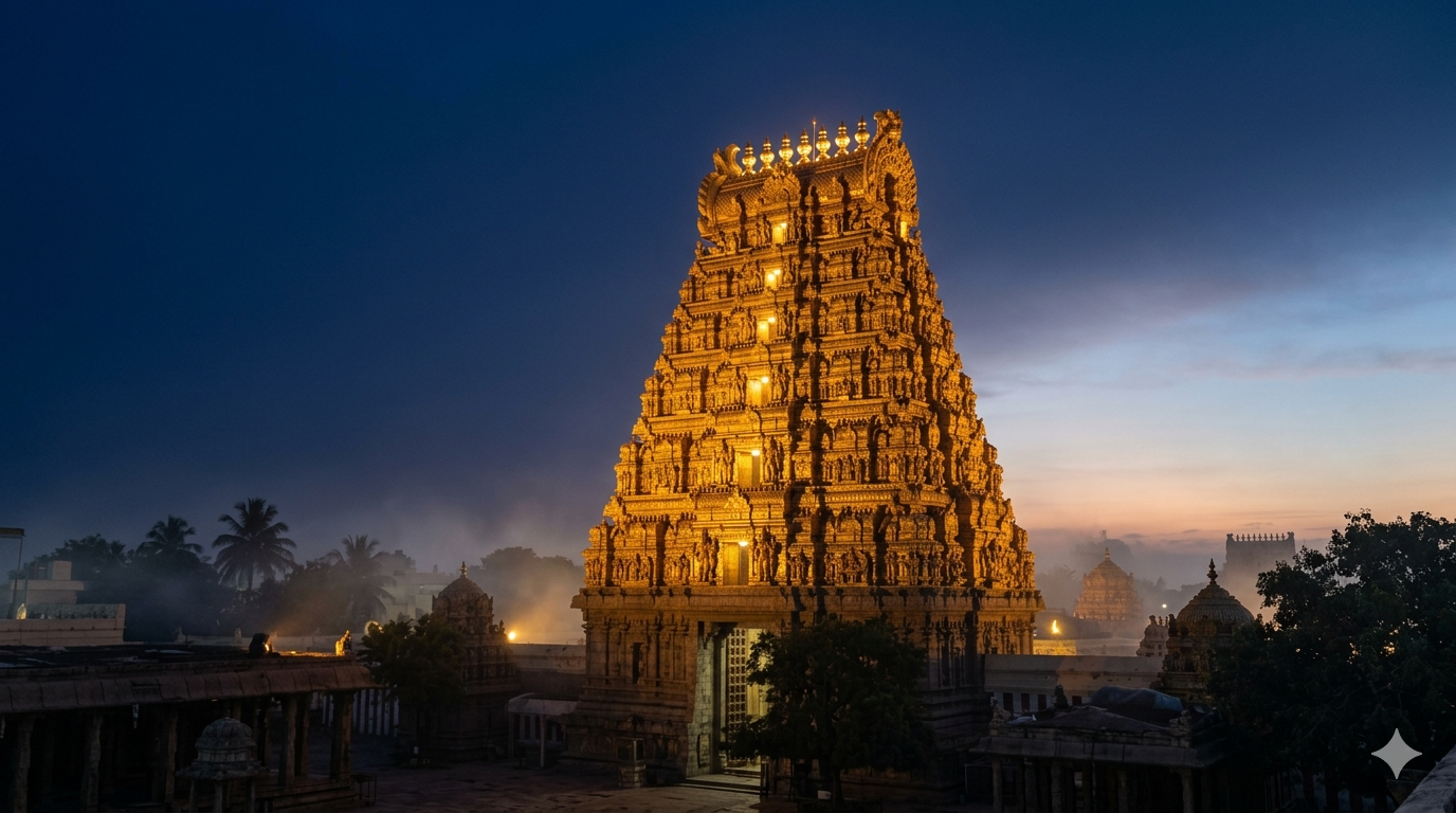 TTD Suprabhata Seva online guide — Tirumala temple gopuram glowing before dawn