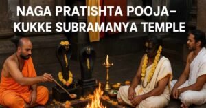 Priests performing Naga Kukke Subramanya Naga Pratishta Pooja with sacred fire and Naga idols