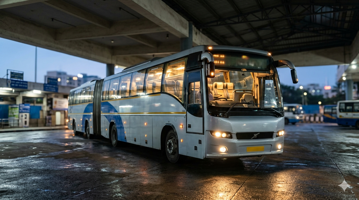 Bangalore Tirupati Darshan Package KSRTC Volvo bus at a Bengaluru station before overnight departure