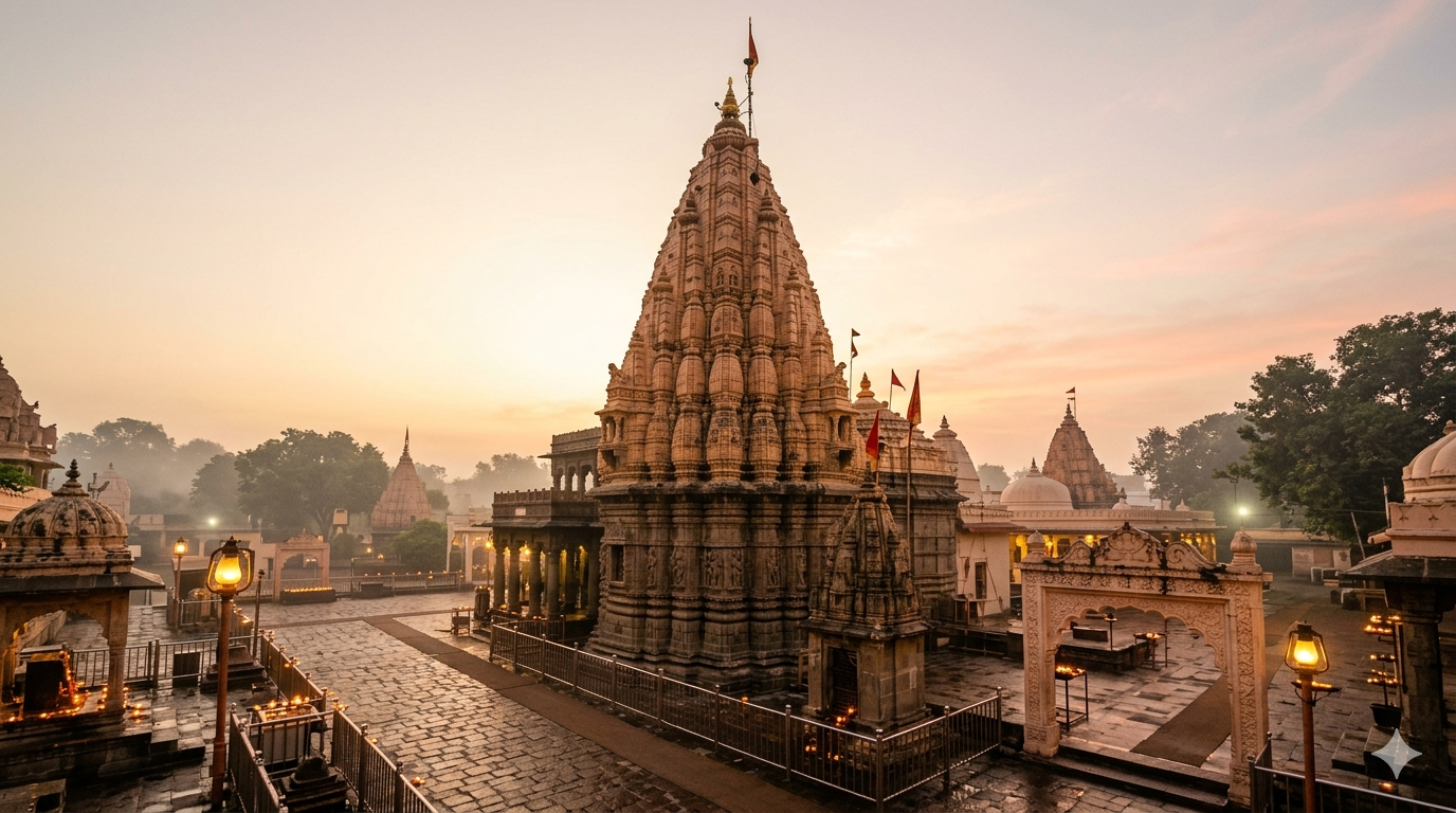 Mahakaleshwar darshan timings guide showing the Ujjain Mahakal temple shikhara at dawn