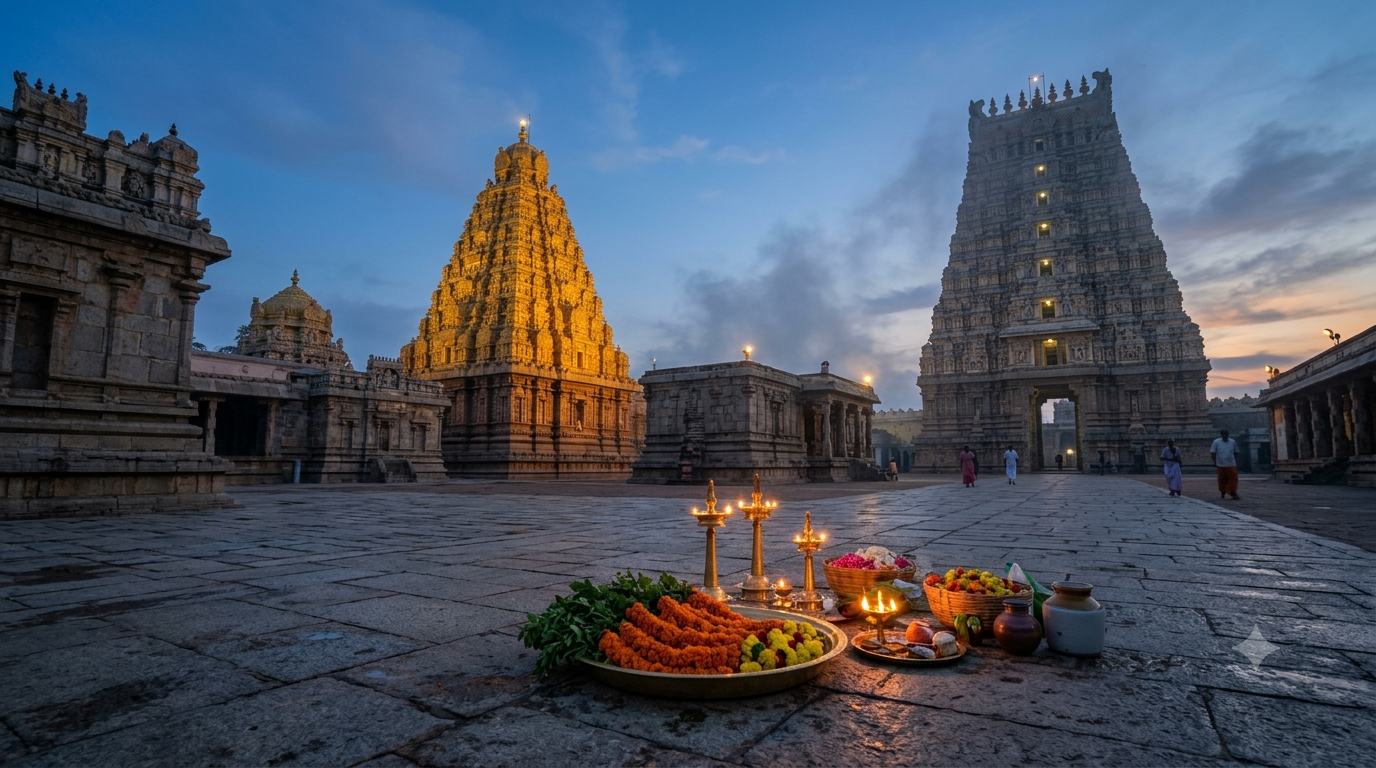 Thomala Seva online booking guide — flower garlands and gold vimana at Tirumala temple before dawn