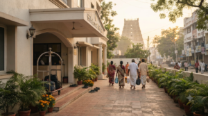 Kanaka Durga Temple accommodation guide showing pilgrim guest-house entrance in Vijayawada