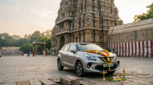 Kanipakam Vehicle Pooja Timings: garlanded new car at a South Indian Ganesha temple courtyard