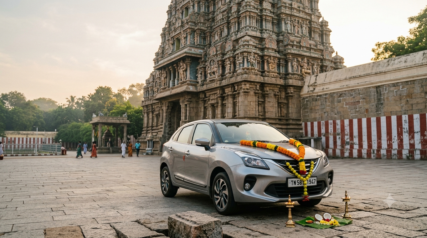 Kanipakam Vehicle Pooja Timings: garlanded new car at a South Indian Ganesha temple courtyard