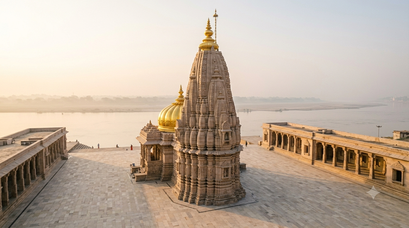 Kashi Vishwanath darshan booking guide – gold-spired temple and stone corridor, Varanasi